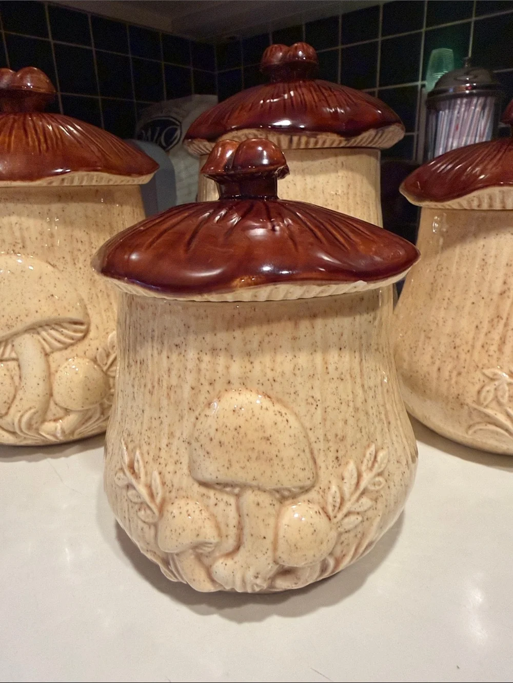 Vintage Arnels Mushroom Canister Set | 1970s Ceramic Merry Mushrooms Kitchen